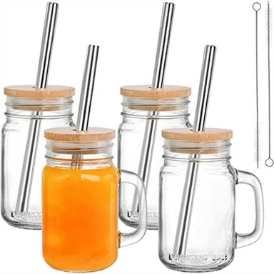 أكواب برطمان زجاجي مع غطاء من الخيزران وقش