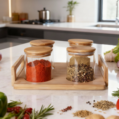 4 قطع تخزين زجاجية مستديرة مع صينية خشبية